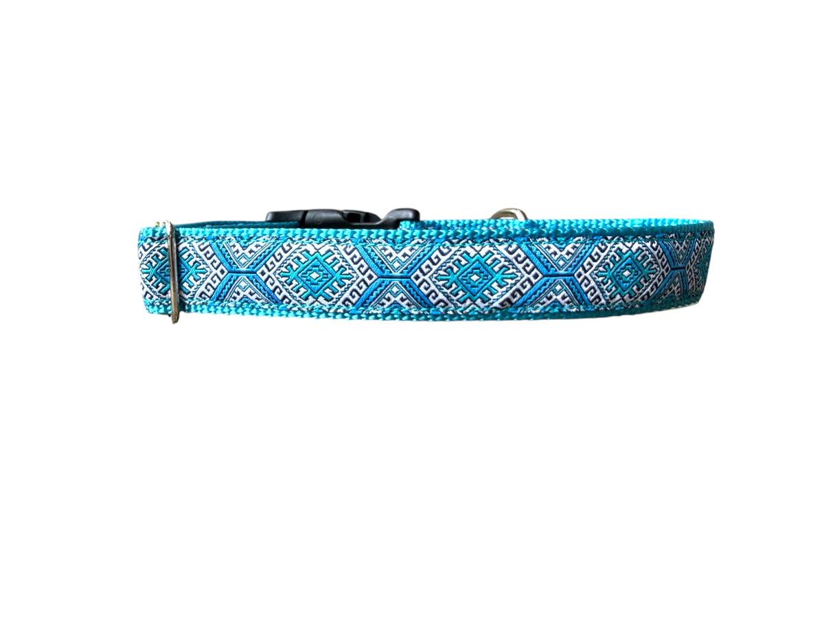 Turquoise Aztec Ribbon Dog Collar 1"