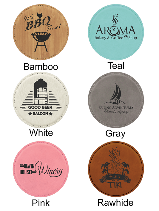 Custom Faux Leather Laser Engraved Drink Coasters 4" Round