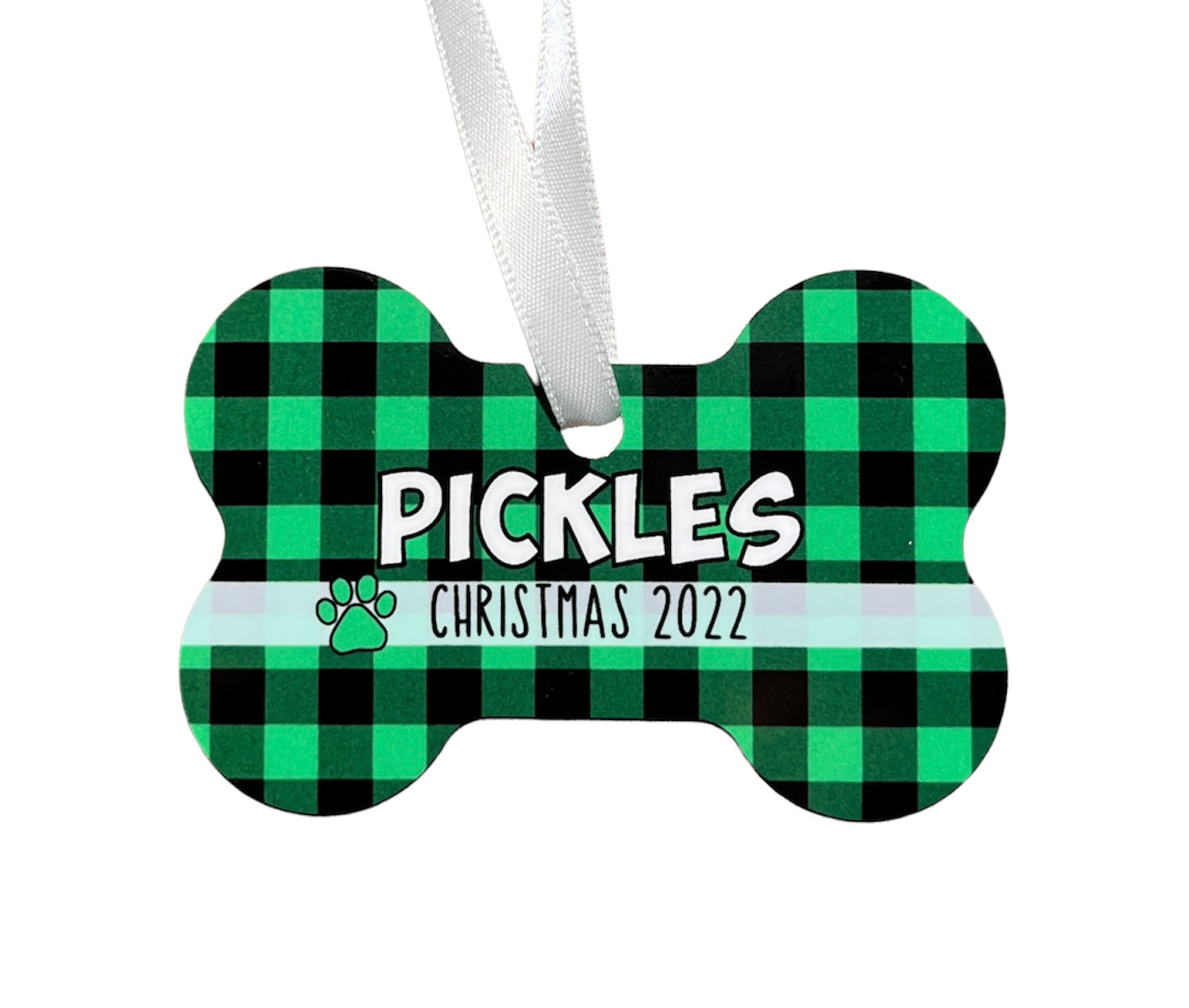 Buffalo Plaid Personalized Dog Bone Christmas Ornament