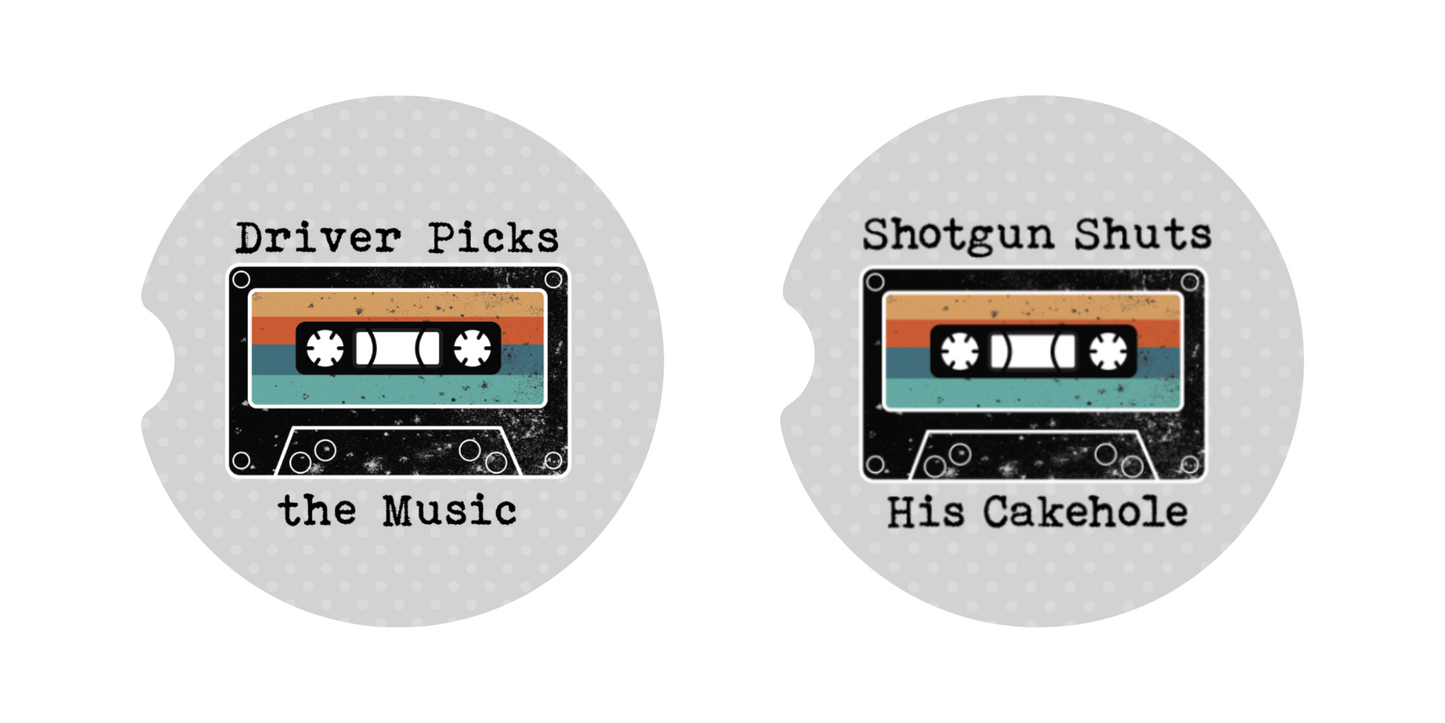 Retro Driver Picks The Music & Shotgun Shuts His Cakehole Car Coasters Set of 2