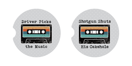 Retro Driver Picks The Music & Shotgun Shuts His Cakehole Car Coasters Set of 2