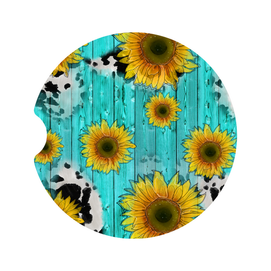 Cow Sunflower Turquoise Car Coaster