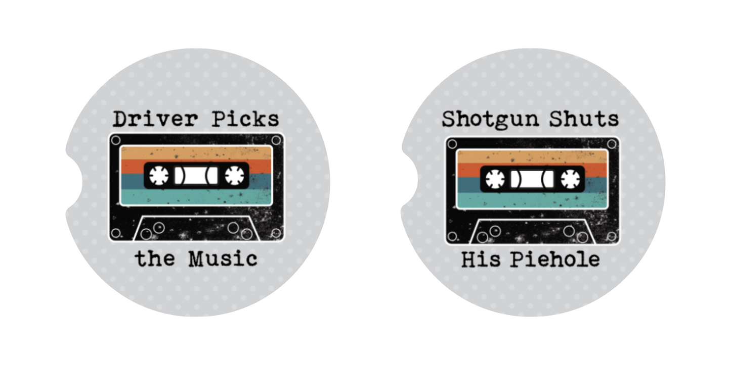 Retro Driver Picks The Music & Shotgun Shuts His Piehole Car Coasters Set of 2